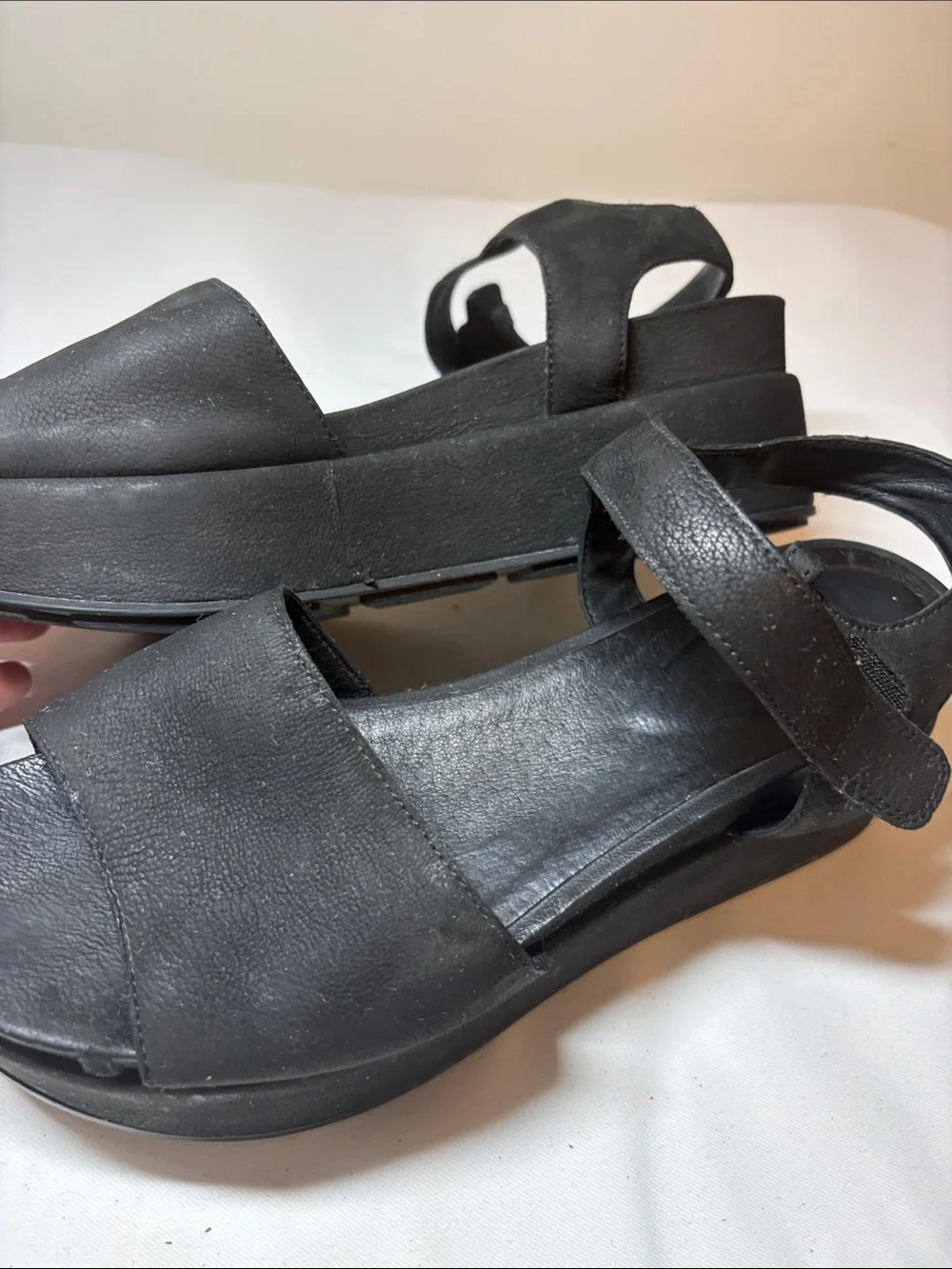 Eileen Fisher Black Leather adjustable Ankle Platform Sandal Size 9.5